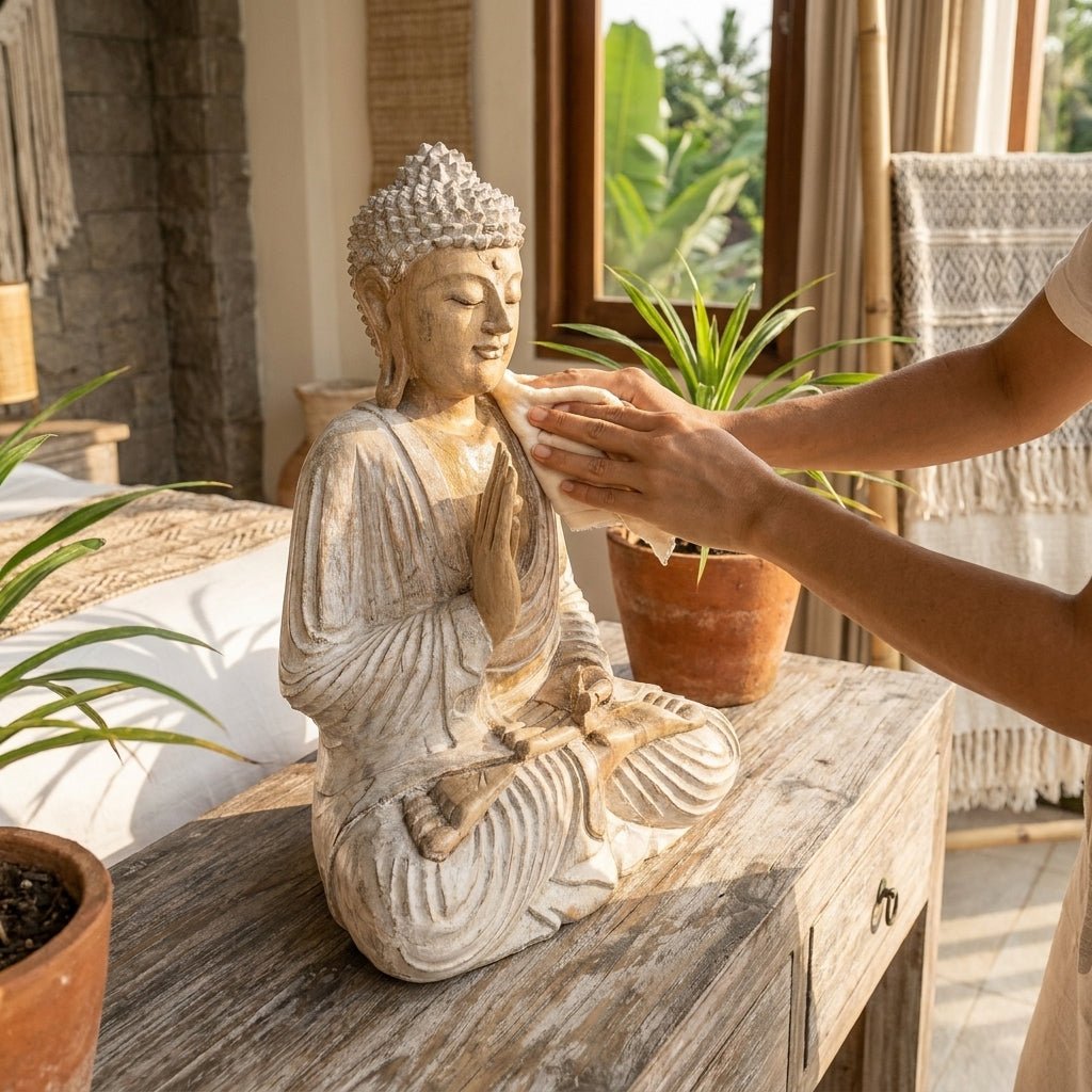 rongyos kendővel tisztított és ápolt fa Buddha-szobor