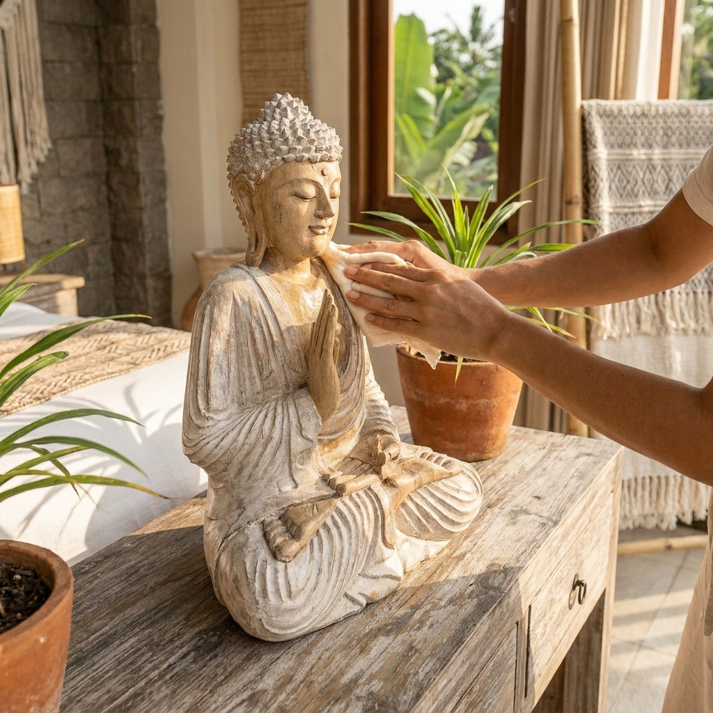 statue de bouddha en bois entretenue et nettoyé avec chiffon