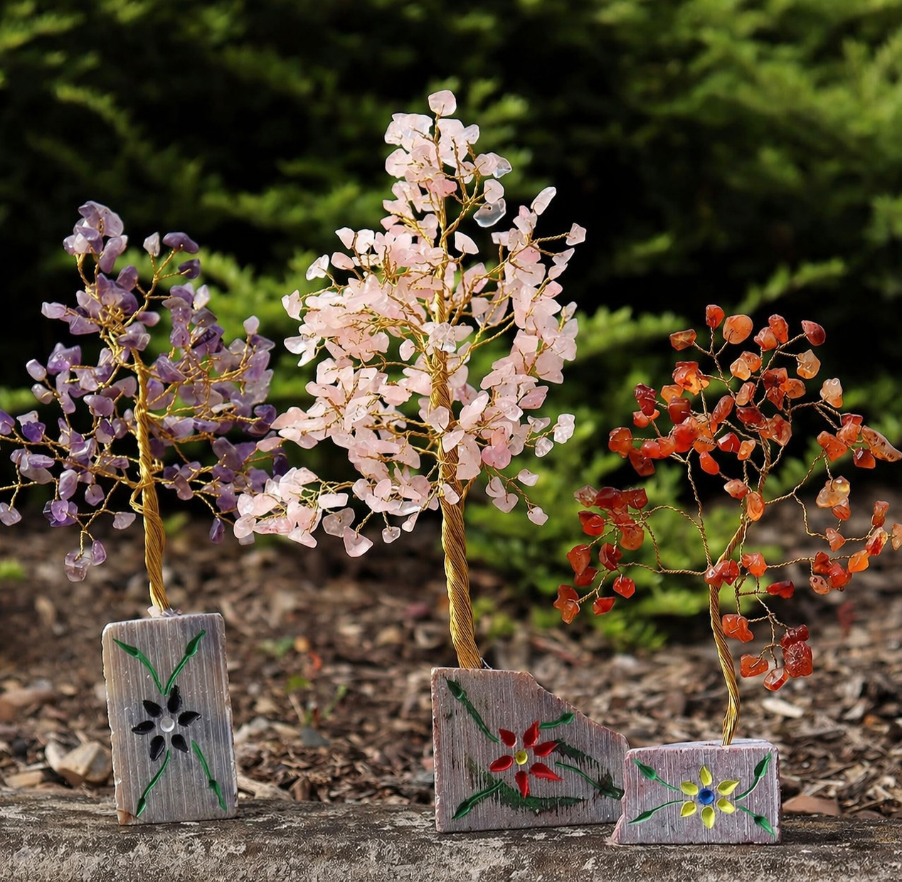 trois arbres de vie en pierres précieuses, violet, rose, rouge