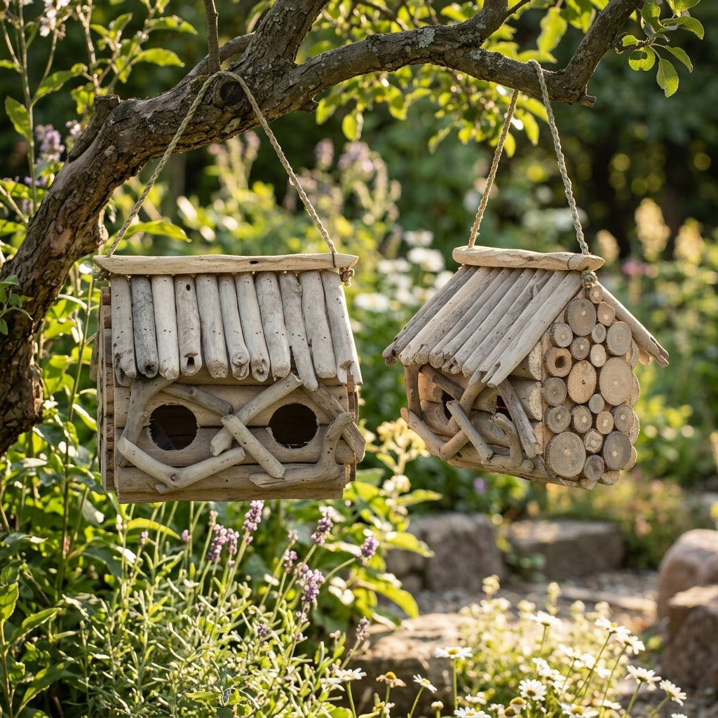 Nichoir double en bois flotté recyclé – Maison pour oiseaux de jardin artisanale 27 cm