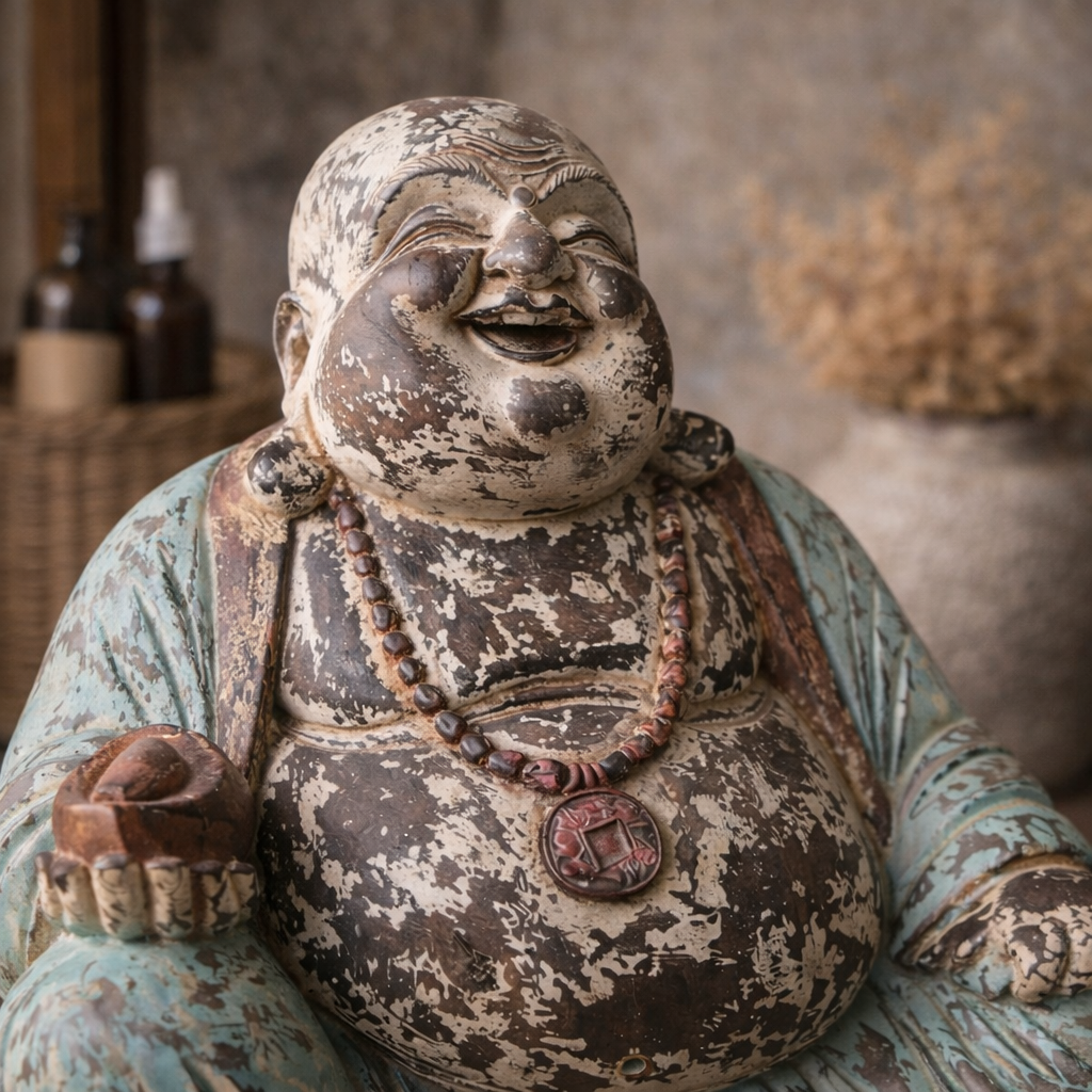 Statue de Bouddha Rieur vintage en Bois de Suar Massif – Sculpture Artisanale (40 cm, 5 kg)