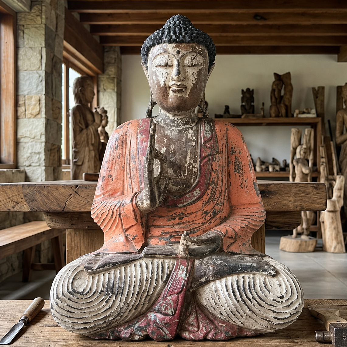Håndskåret vintage Buddha-statue i orange – 60 cm – Undervisningsgestus – 20 kg