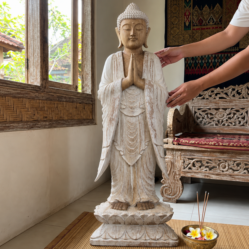 Large whitewashed Buddha statue – 100 cm – hand-carved solid Suar wood 