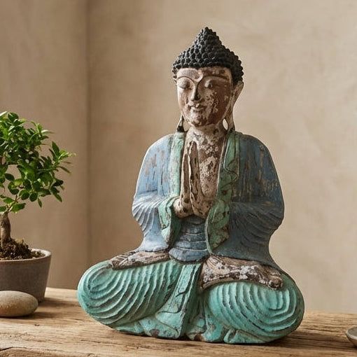Statue de Bouddha vintage sculptée à la main - Bleu menthe - 40 cm - Namasté