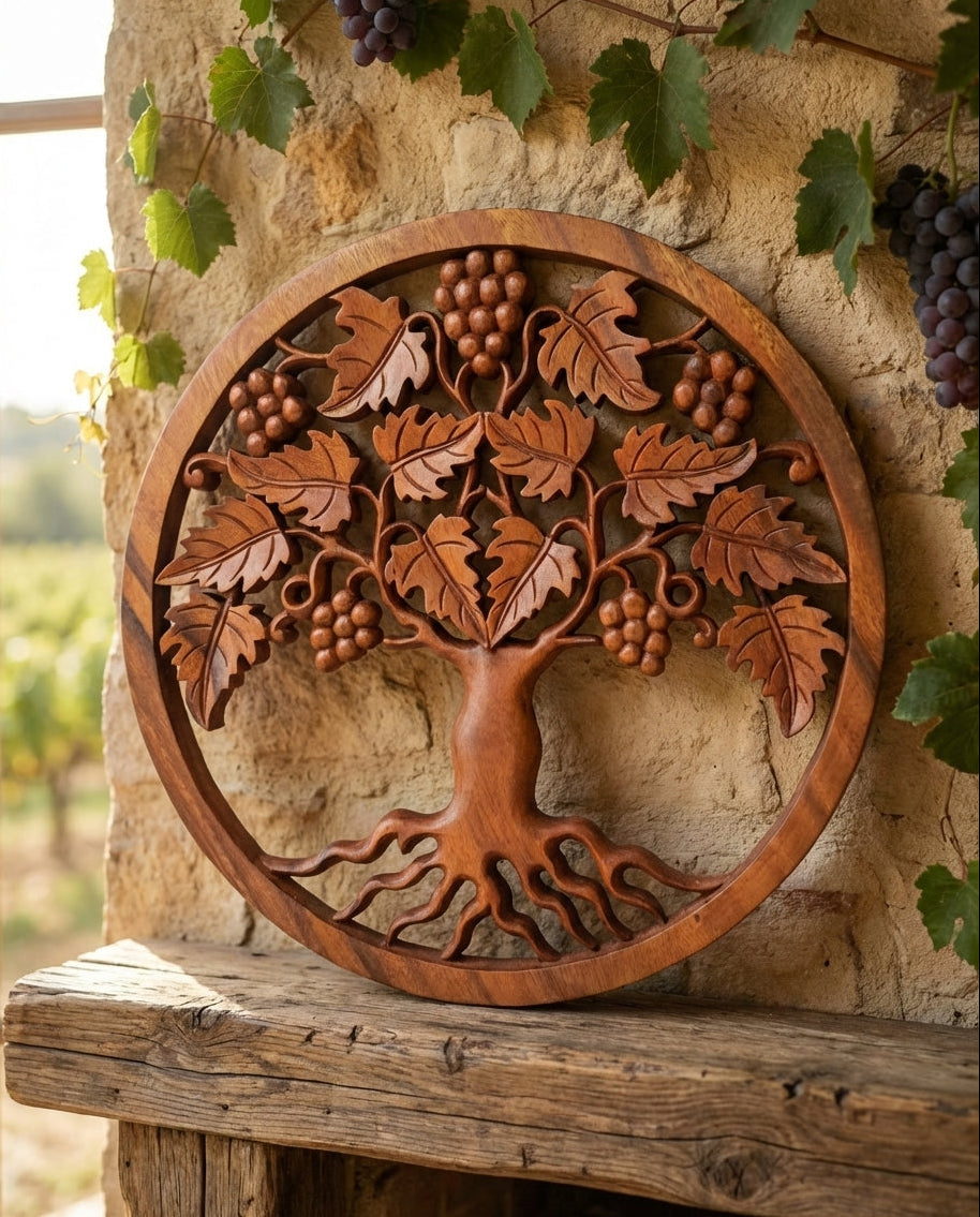 Panneau Mural Arbre de Vie "Raisins" en Bois de Suar – 40 cm