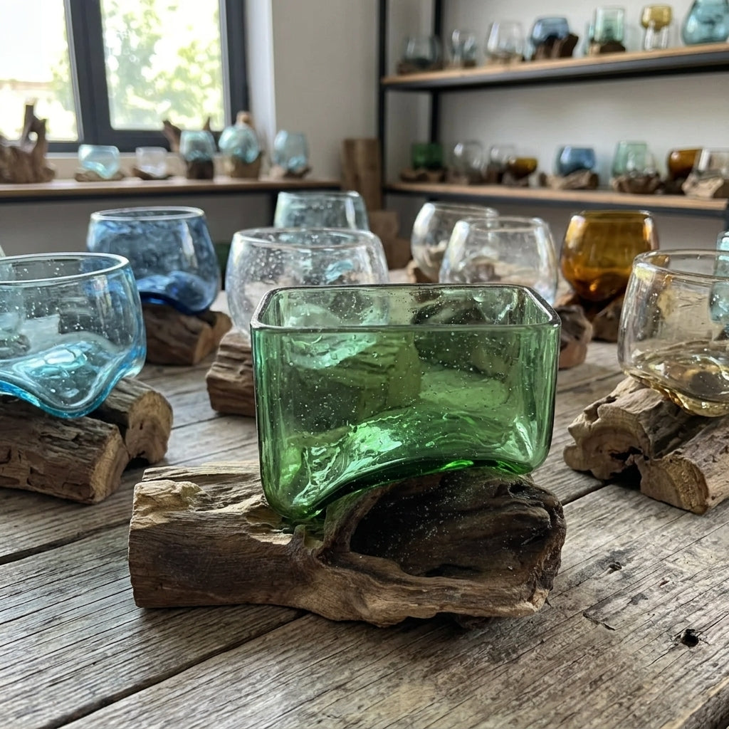 Bol carré en verre recyclé sur bois de Gamal – 250 ml