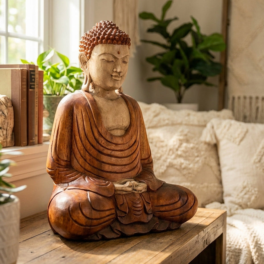 Statue de Bouddha en bois sculptée à la main – 40 cm – Bouddha Mains vers le bas