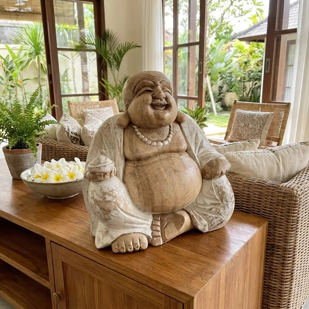 Bouddha Rieur Assis sculpté à la main en Bois de Suar - 30 cm - Bali