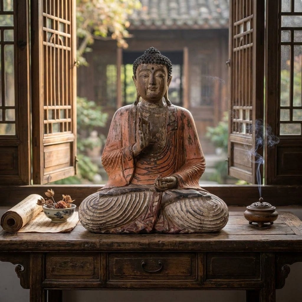 Statue de Bouddha vintage orange sculptée à la main – 60 cm – Transmission d’enseignement