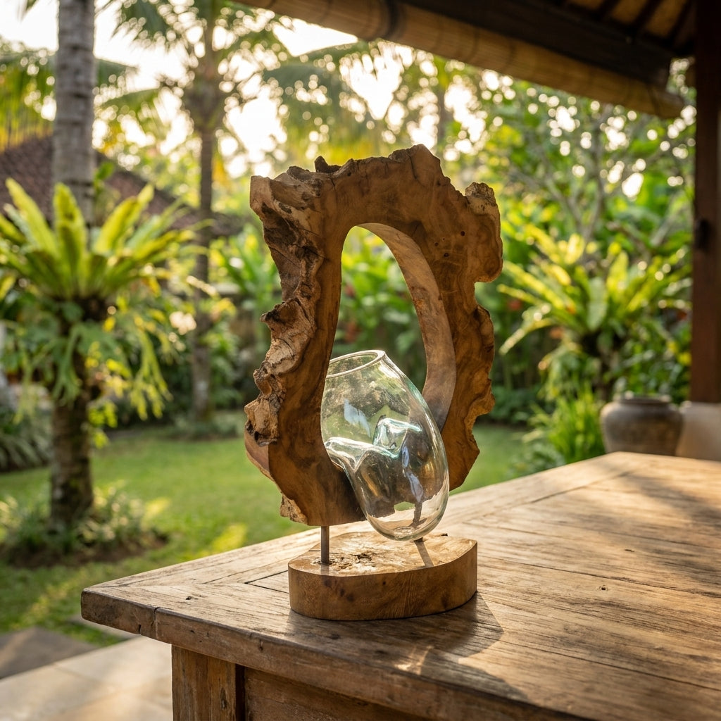Vase Suspendu en Verre Soufflé à la Main sur Bois de Gamal – Pièce Unique Artisanale Bali