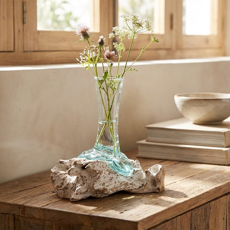 Vase en Verre en Fusion sur Racine de Gamal Blanchie - Pièce Artisanale Balinaise (24 cm)