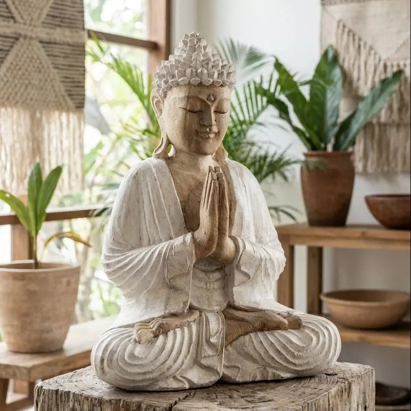 Statue de Bouddha sculptée à la main – 30 cm - Finition blanchie à la chaux AWGifts Dropship