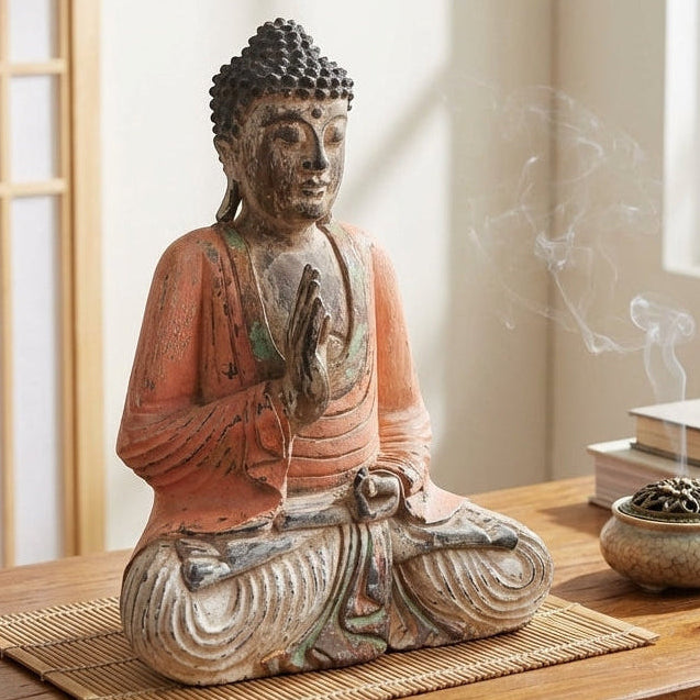 Statue de Bouddha vintage orange sculptée à la main – 40 cm – Transmission d’enseignement