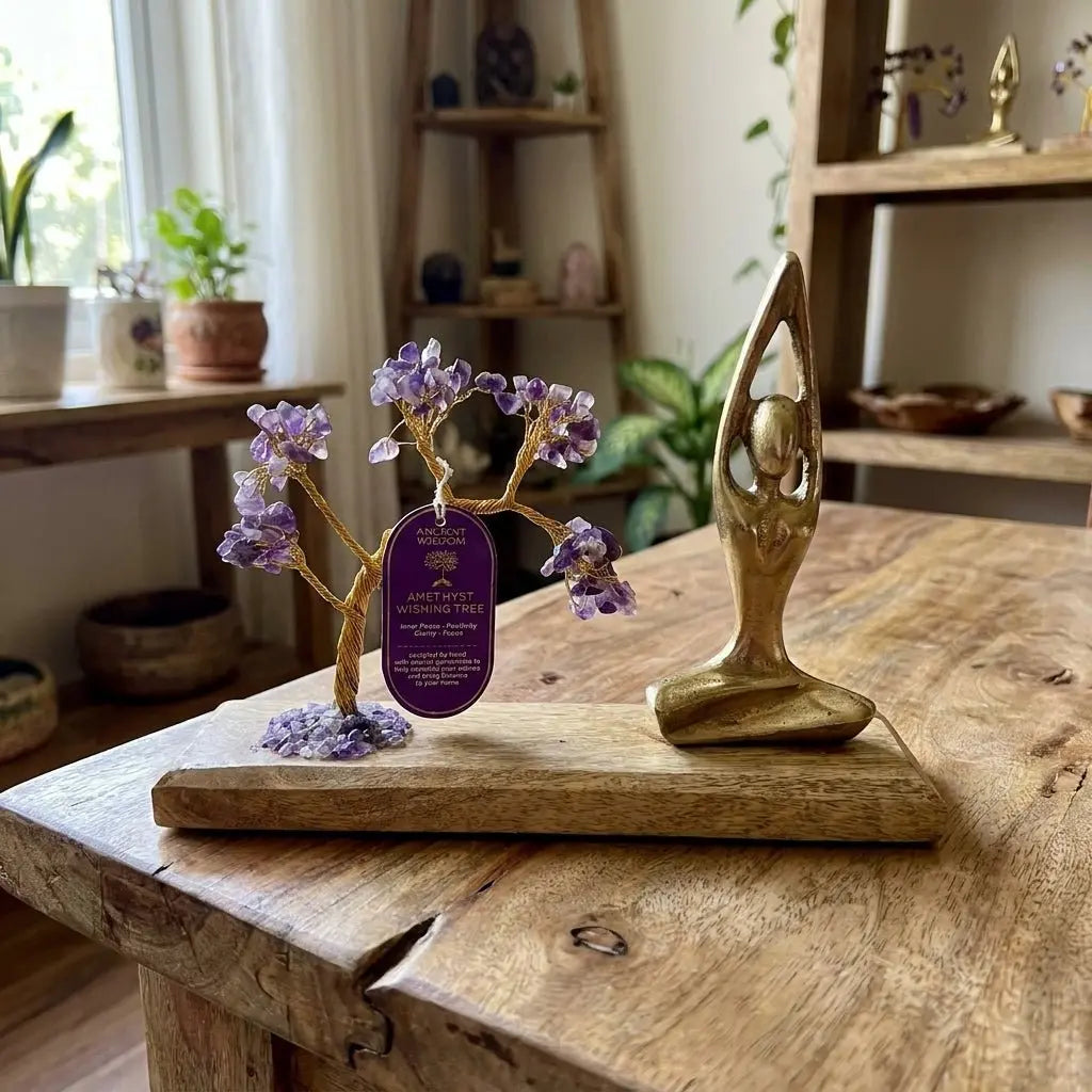 Jardin de yoga en améthyste – Pose Sukhasana – Arbre incliné – 100 pierres