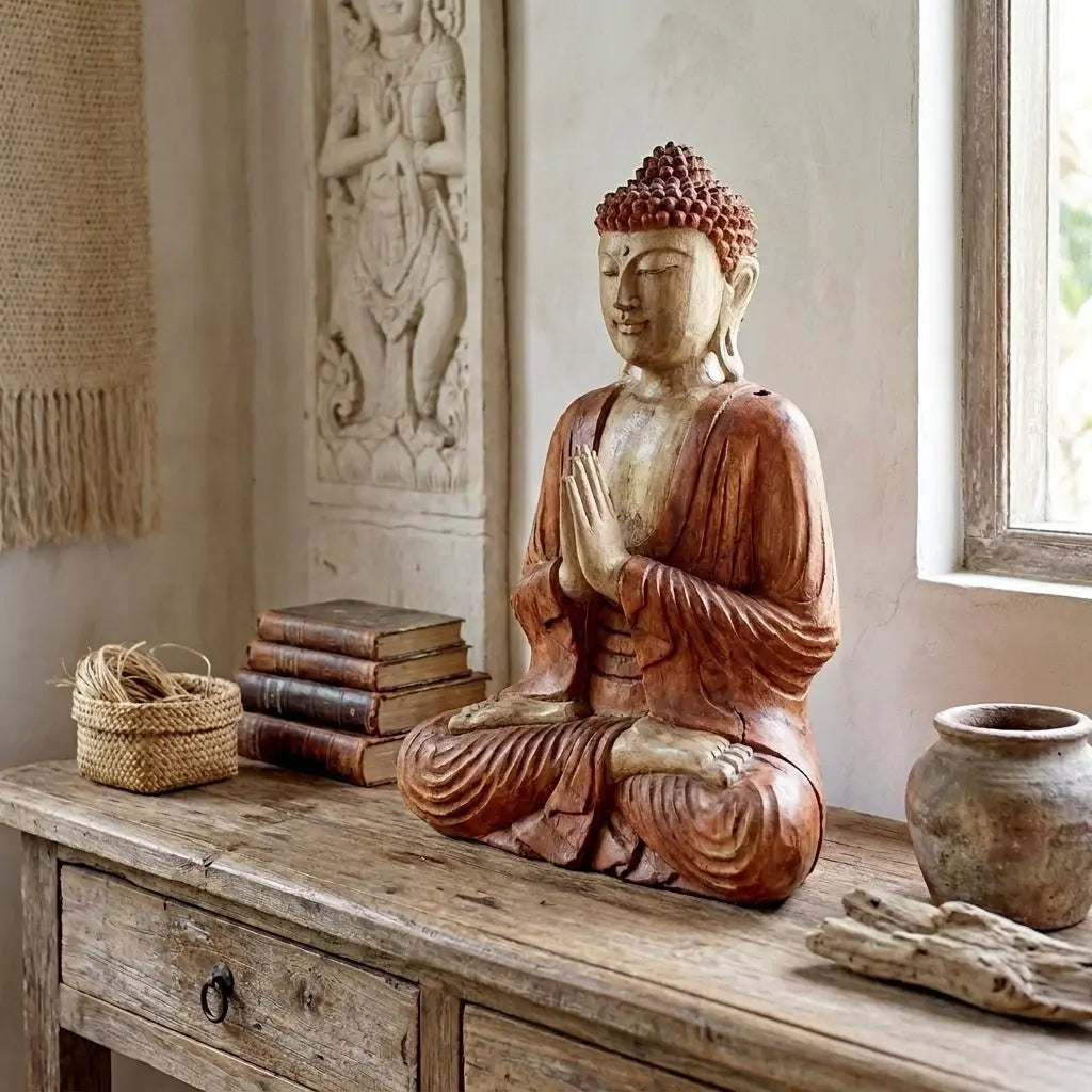 Statue Bouddha Namasté en bois de Suar 40 cm – Sculpture Artisanale (Bali)