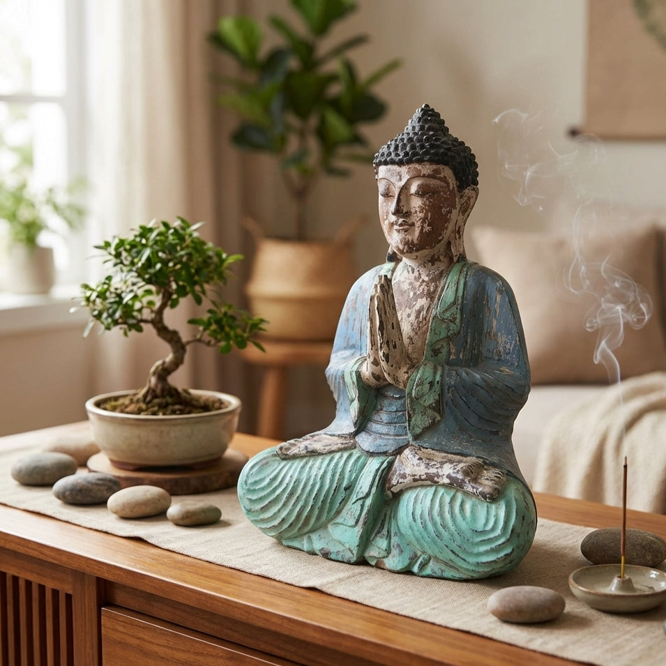 Statue de Bouddha vintage sculptée à la main - Bleu menthe - 40 cm - Namasté