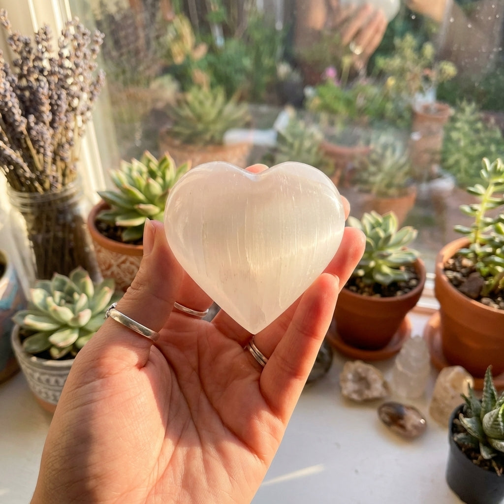 Cœur en sélénite naturelle 7–8 cm – Pierre décorative blanche translucide