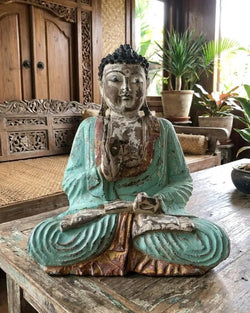 Statua Buddy Vitarka Mudra w stylu vintage, turkusowa, 30 cm – drewno suar, Bali, AWGifts Dropship