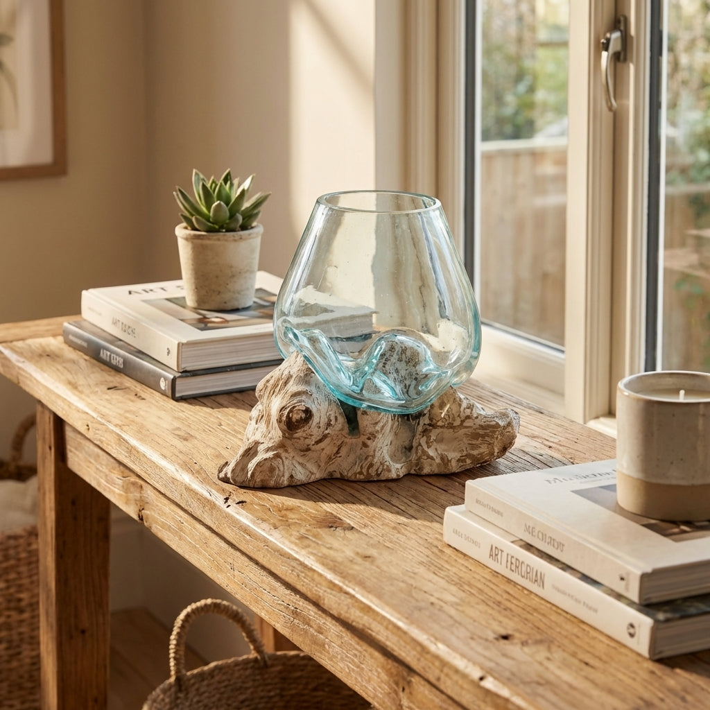 Grand Bol en Verre en Fusion sur Bois Blanchi - Pièce Artisanale Balinaise