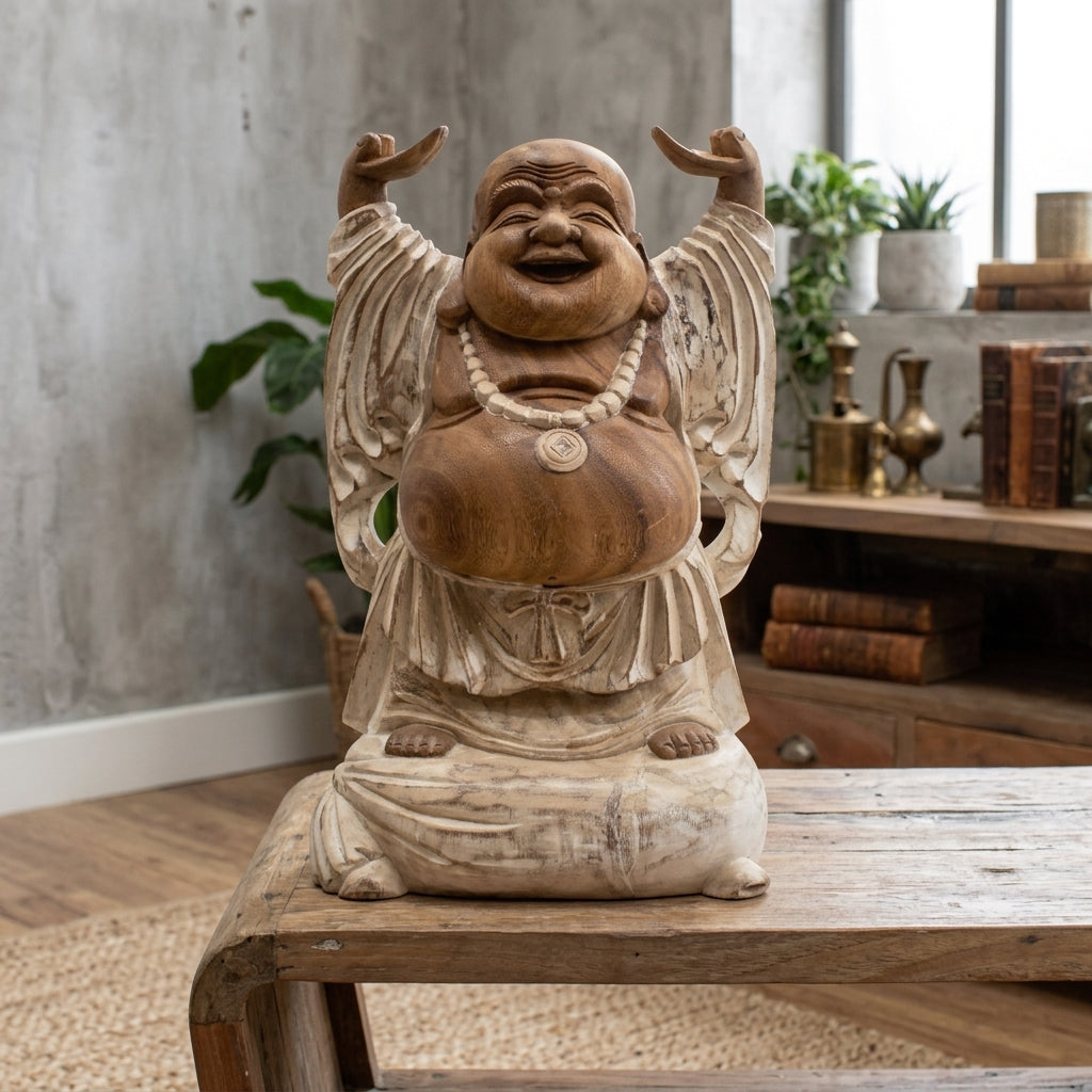 Statua di Buddha che ride in legno di Suar intagliata a mano – 40 cm