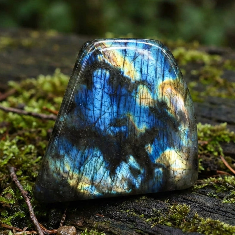 Bloc de labradorite naturelle polie de Madagascar 1kg reflets bleus et dorés.