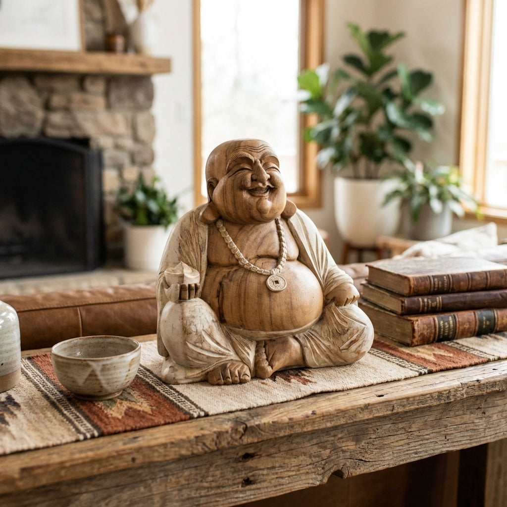 Statue de Bouddha rieur sculptée à la main – 40 cm – Blanchi à la chaux - Karmic Artisan