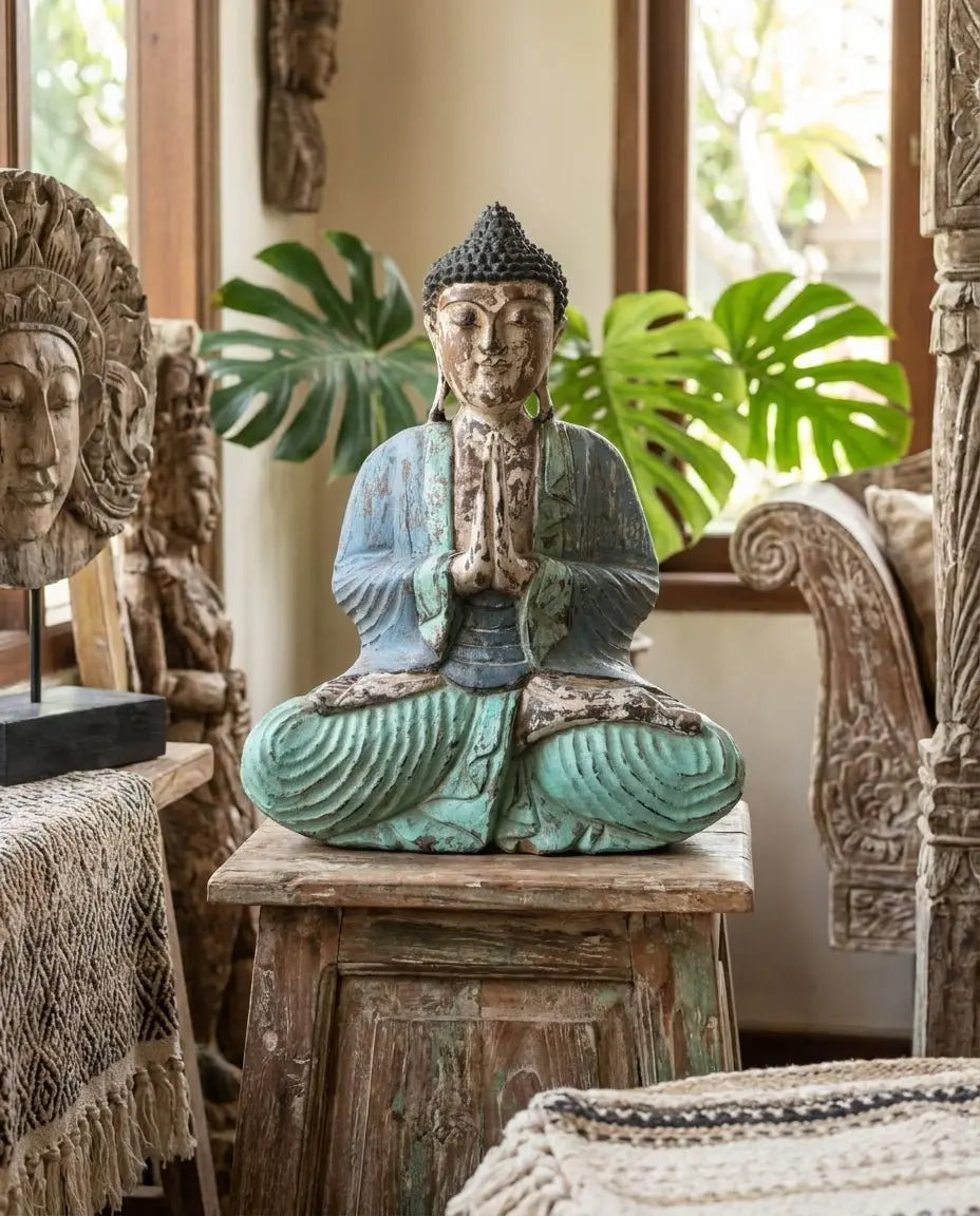 Statue de Bouddha Vintage Bleu Menthe 40 cm – Sculpture Artisanale Bois de Suar (Bali)