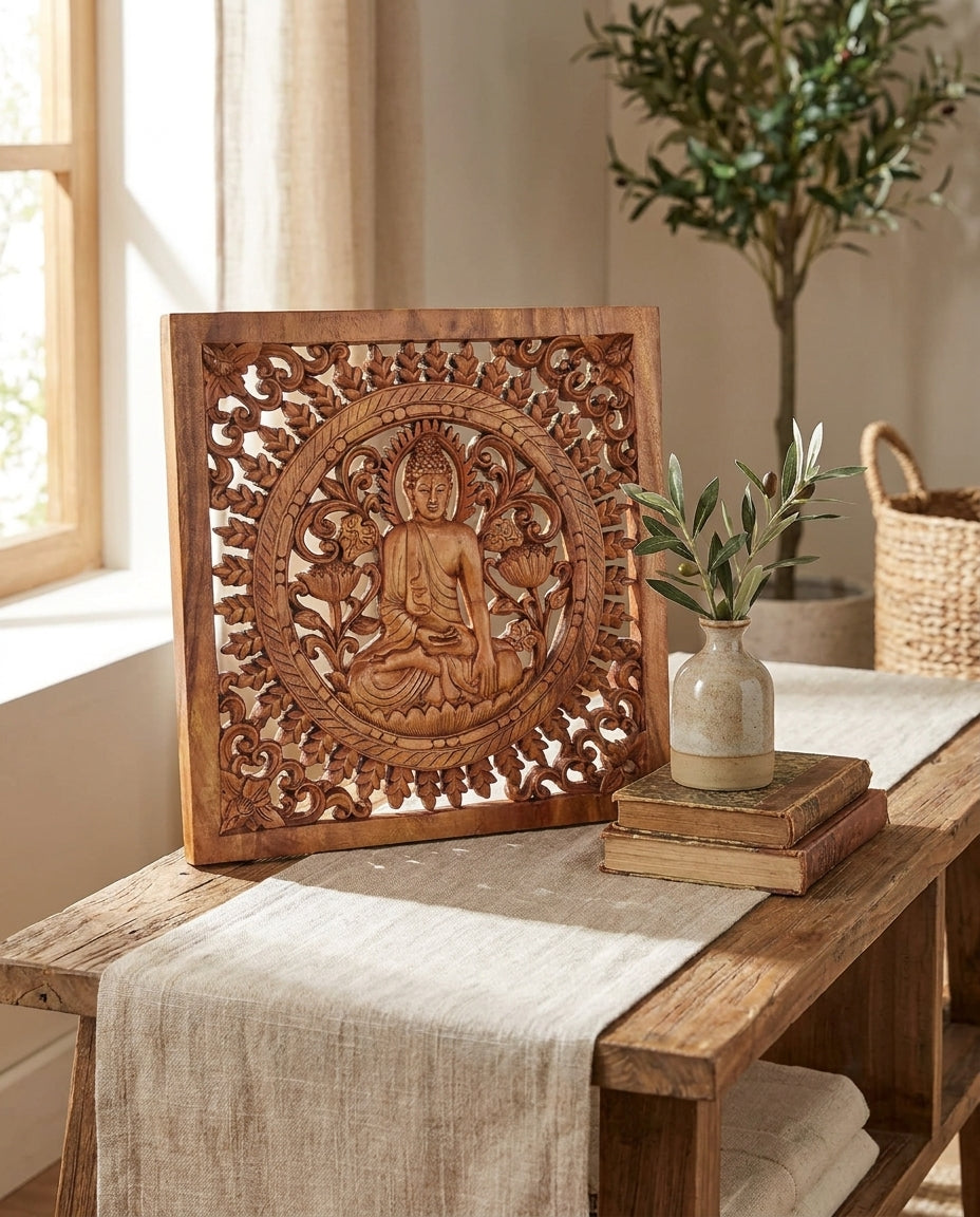 Panneau Décoratif Carré Bouddha en Bois de Suar Sculpté à la Main – 40x40 cm