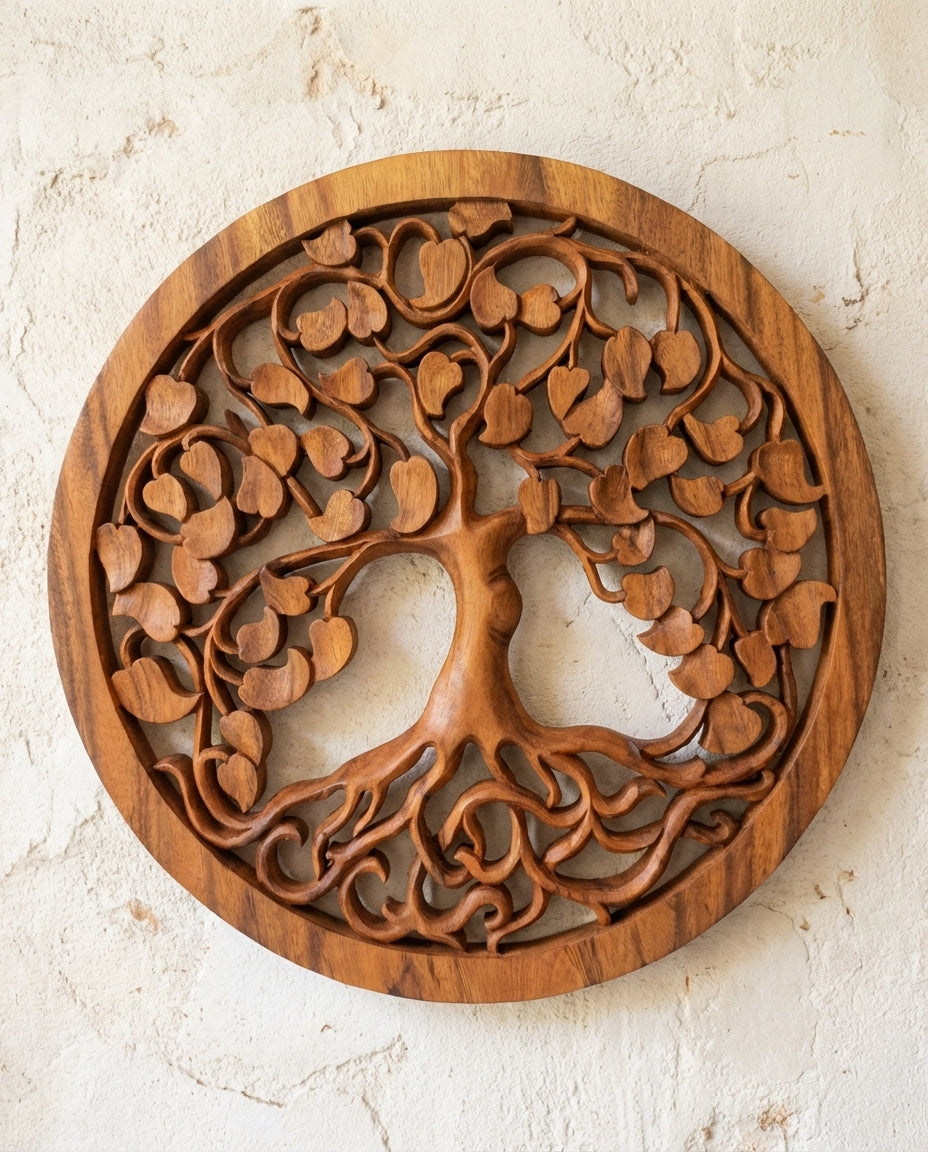 Panneau mural rond Arbre de Vie Amour en bois de Suar sculpté à la main, artisanat de Bali. Karmic Artisan