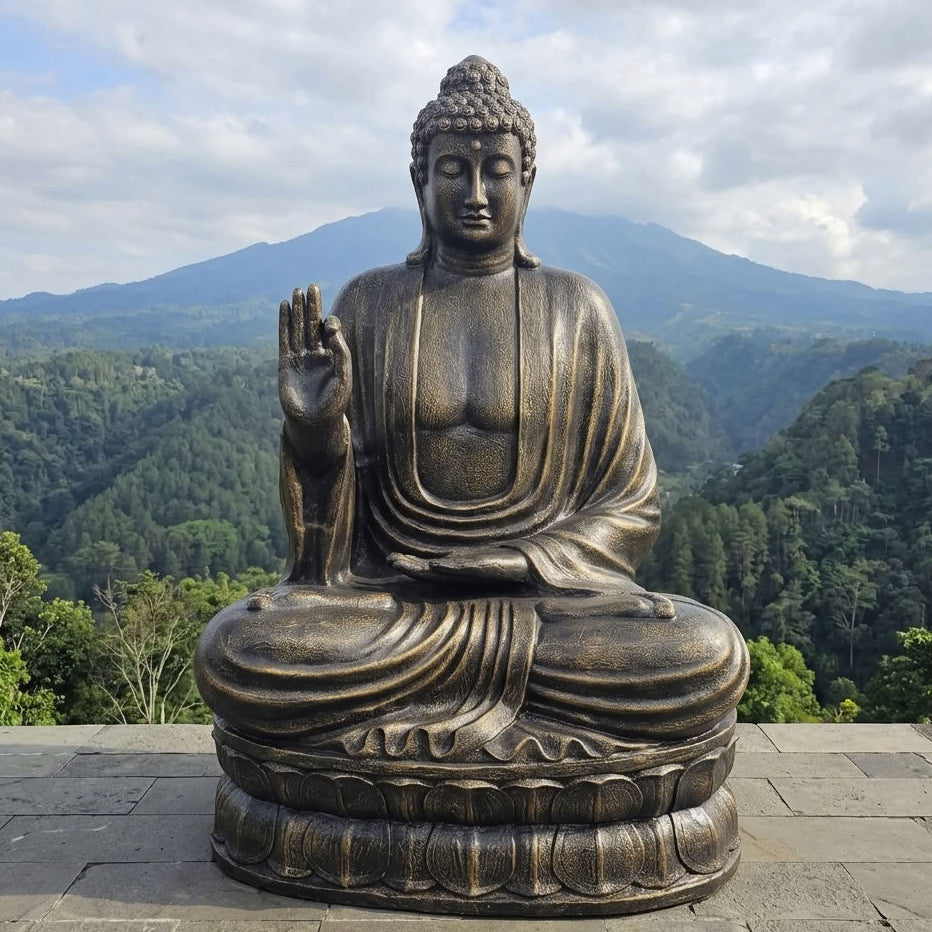 Kultainen jättiläismäinen Buddha-patsas 200 cm – opetusta antava Buddha lootuskukalla