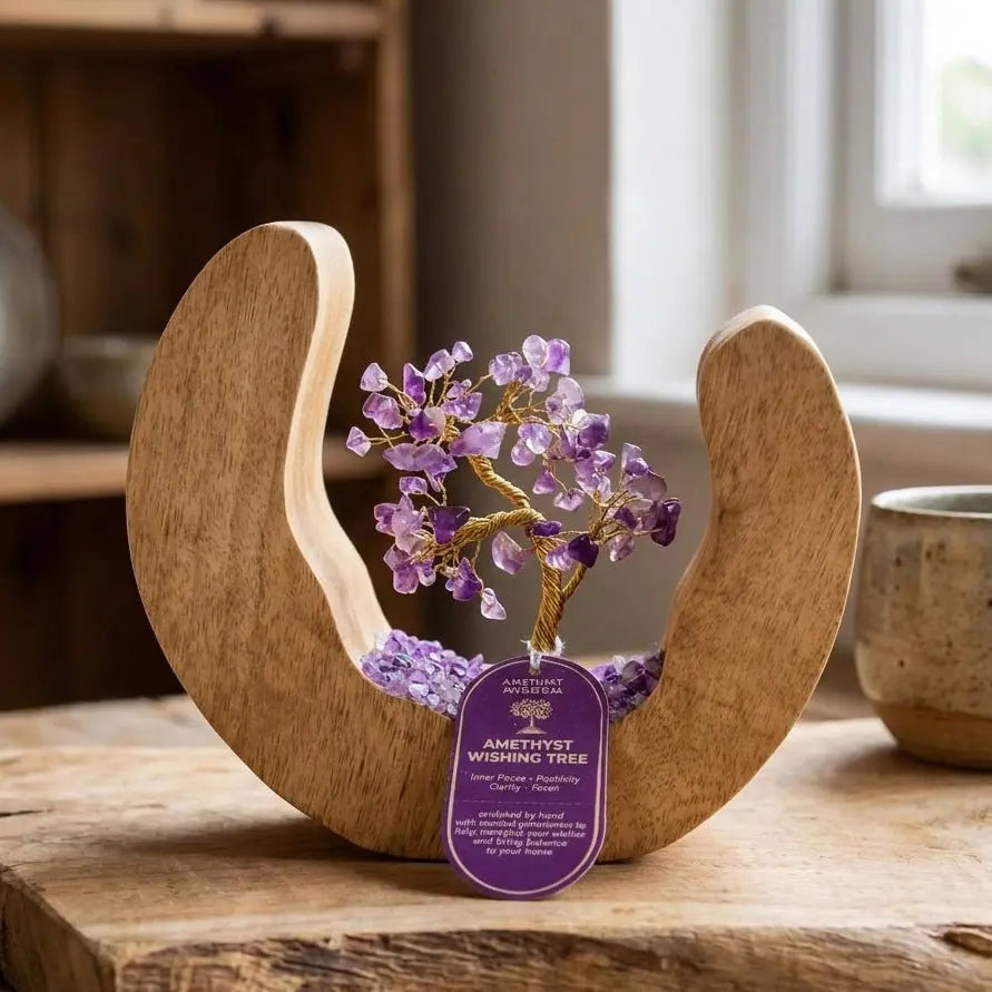 Arbre de vie en améthyste naturelle — 320 g — Bois de manguier et éclats de quartz violet