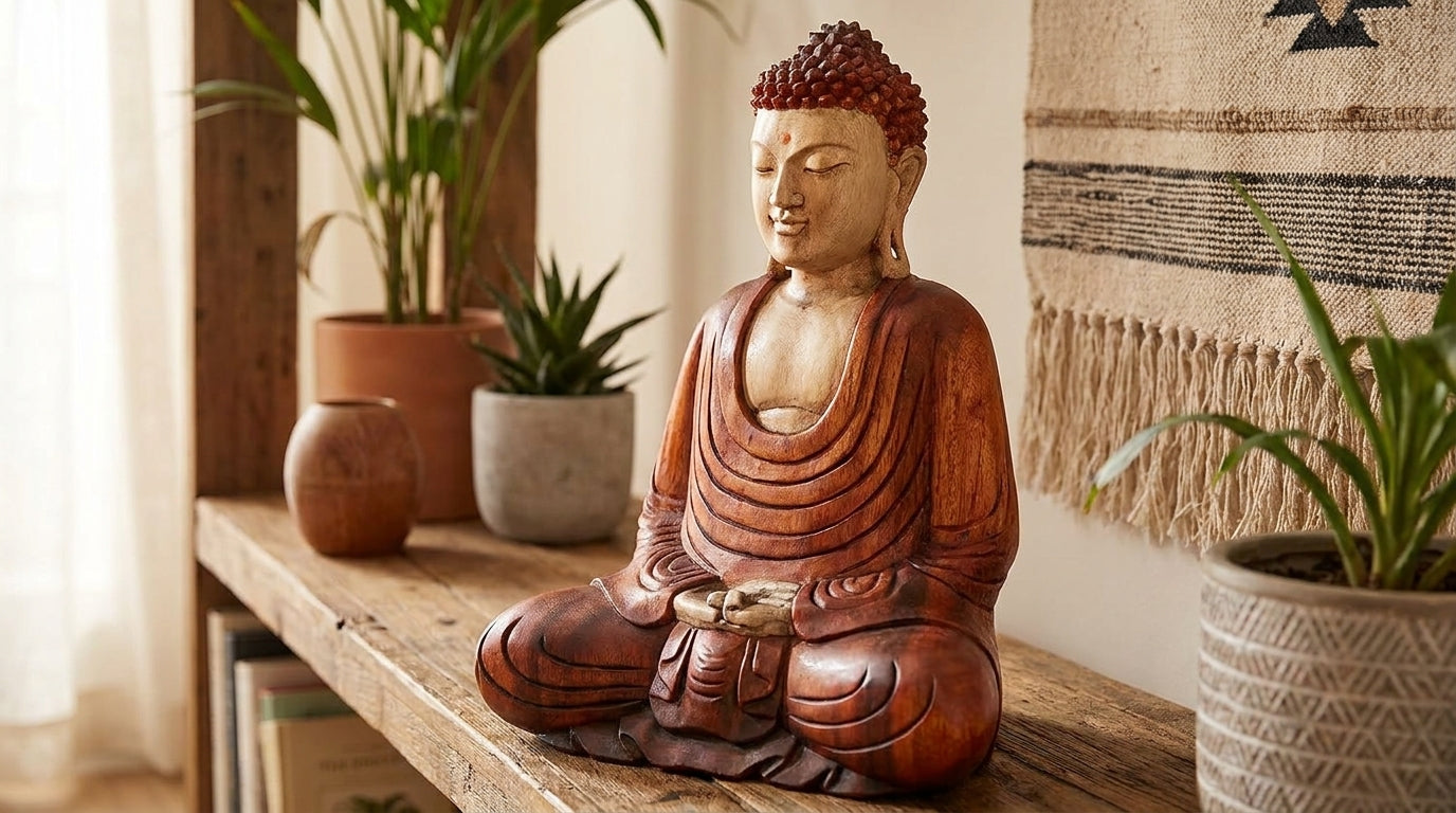 Statue de Bouddha en bois sculptée à la main – 40 cm – Bouddha Mains vers le bas