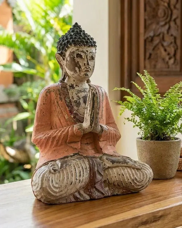 Statue de Bouddha sculptée à la main vintage orange – 30 cm – Bouddha Namasté AWGifts Dropship