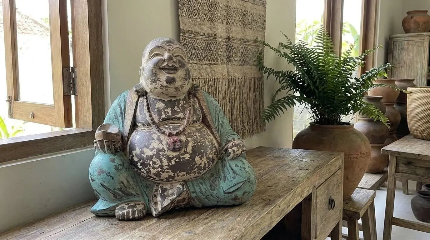 Statue de Bouddha sculptée à la main - 40 cm - Bouddha joyeux bleu vintage - Karmic Artisan