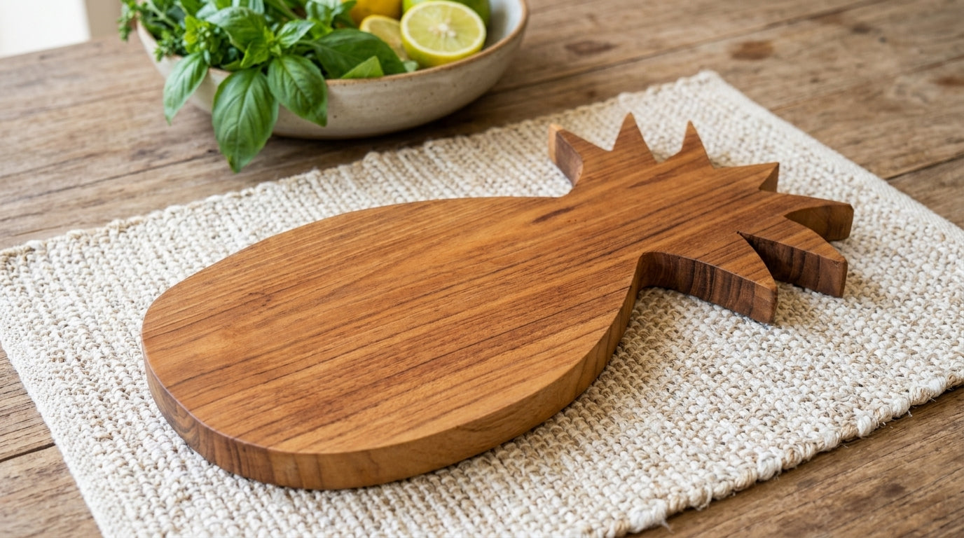 Planche à découper en teck naturel en forme d’ananas avec veinage brun apparent.
