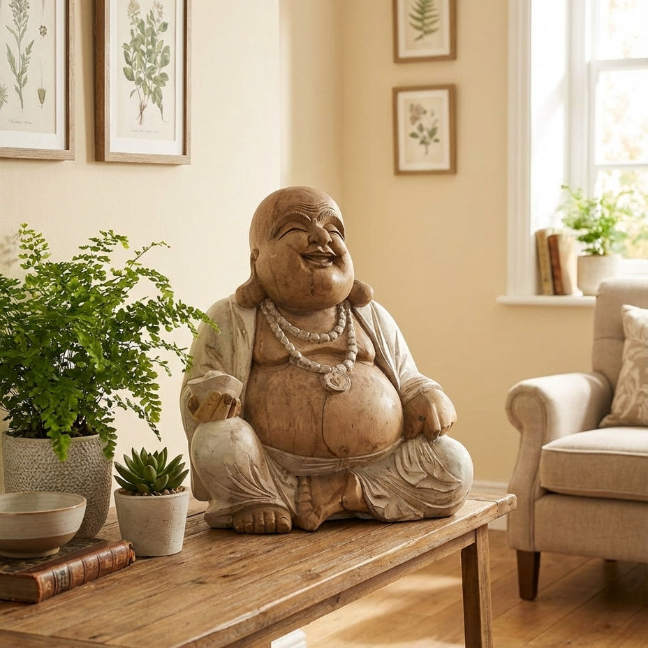 Statue de Bouddha sculptée à la main – 50 cm – Bouddha Rieur – Blanc vieilli - Karmic Artisan