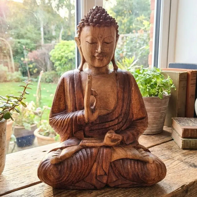 Statue Bouddha 30 cm sculptée à la main en Bois de Suar – Geste de la Transmission (Bali)
