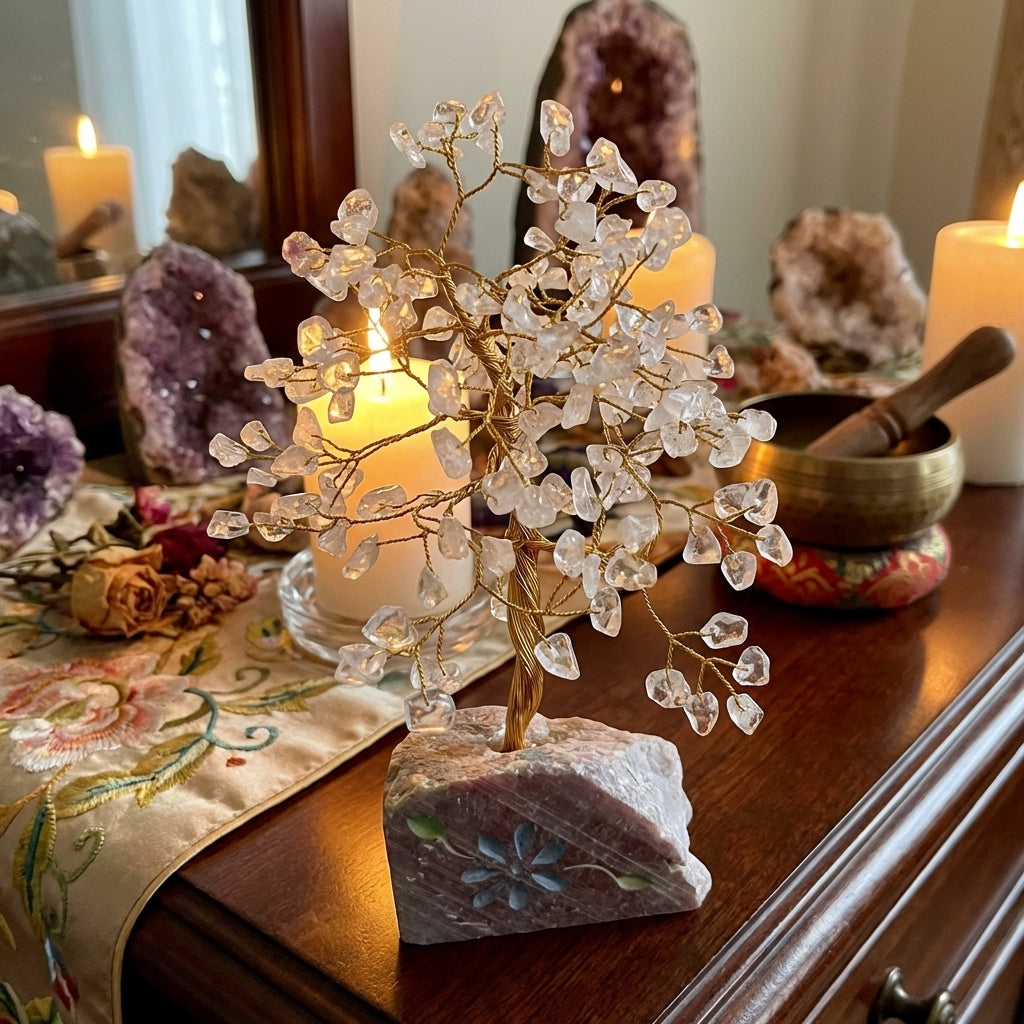 Arbre de vie en cristal de roche naturel – 320 pierres – décoration artisanale