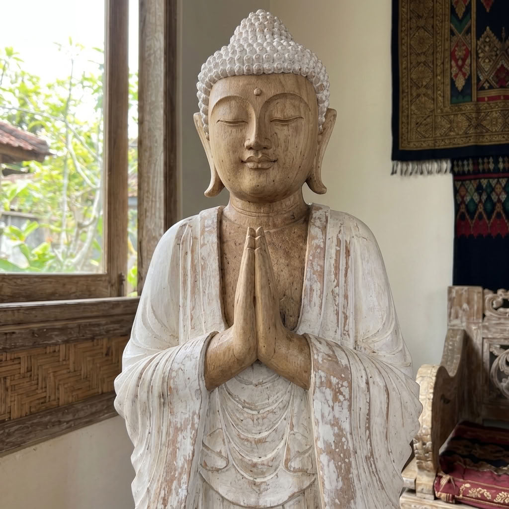 Détails Grande statue de Bouddha blanchie – 100 cm – bois de Suar massif sculpté à la main