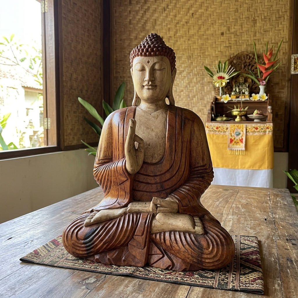 Statua di Buddha intagliata a mano in legno di Suar – 60 cm - Trasmissione di insegnamenti