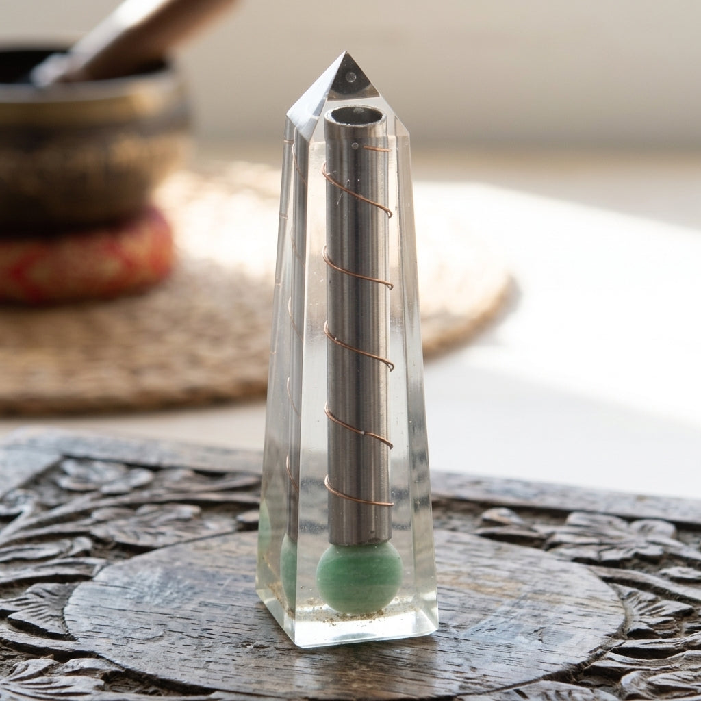 Obélisque en orgonite avec aventurine verte, cuivre et inclusions métalliques dans une résine transparente.
