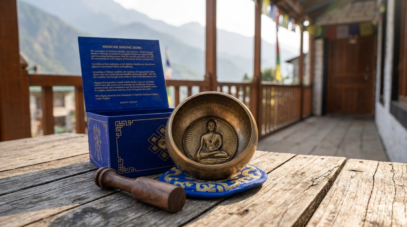 Coffret cadeau bol chantant Bouddha de la Médecine en laiton avec maillet et coussin pour méditation et sonothérapie - Karmic Artisan.
