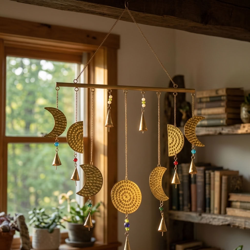 Indiske vindspil - Vindspil med månefaser i messing - 43x40cm