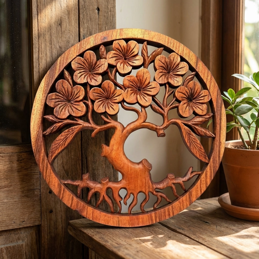 Panneau Mural Arbre de Vie Frangipanier sculpté à la main en Bois de Suar – 40 cm  Karmic Artisan