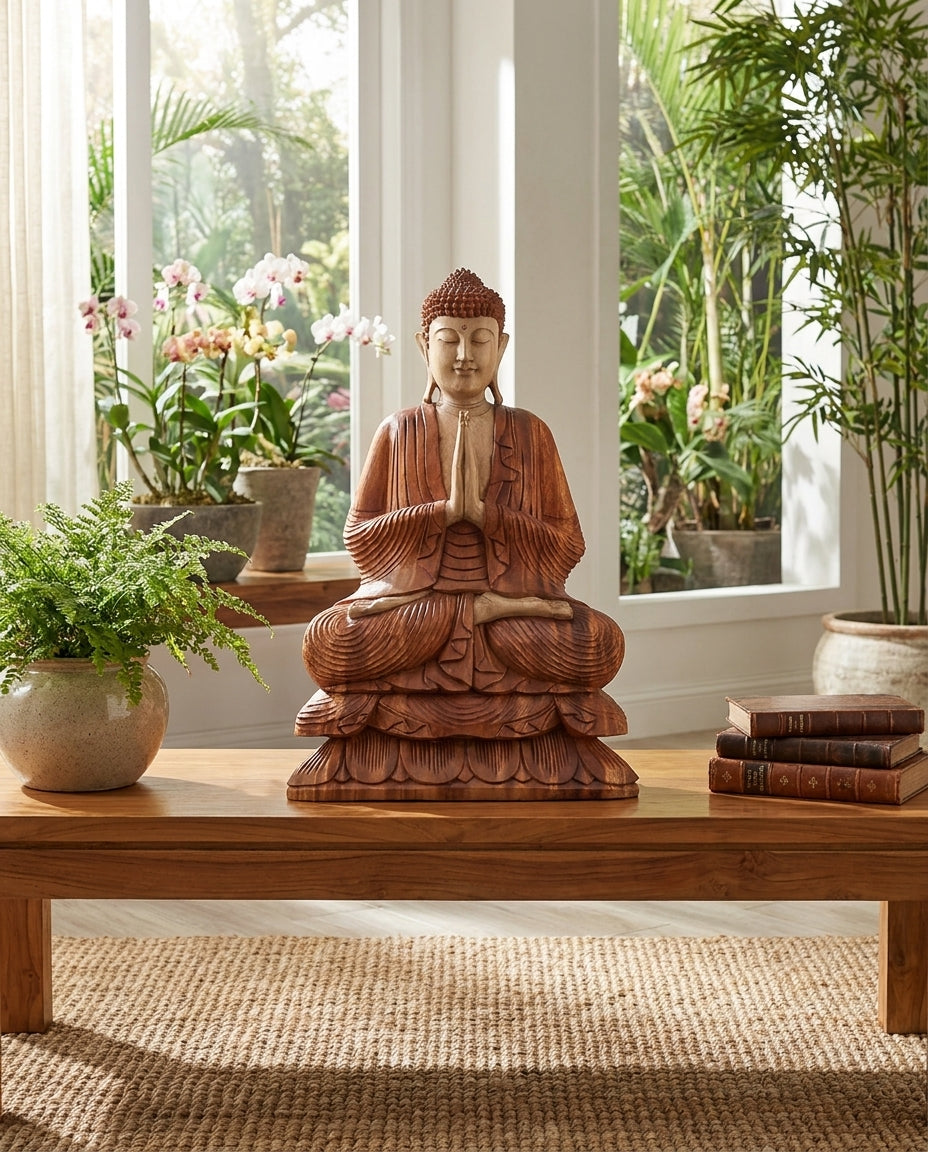 Statue de Bouddha Sculptée à la Main en Bois de Suar – 80 cm (22,5 kg) – Posture de Bienvenue