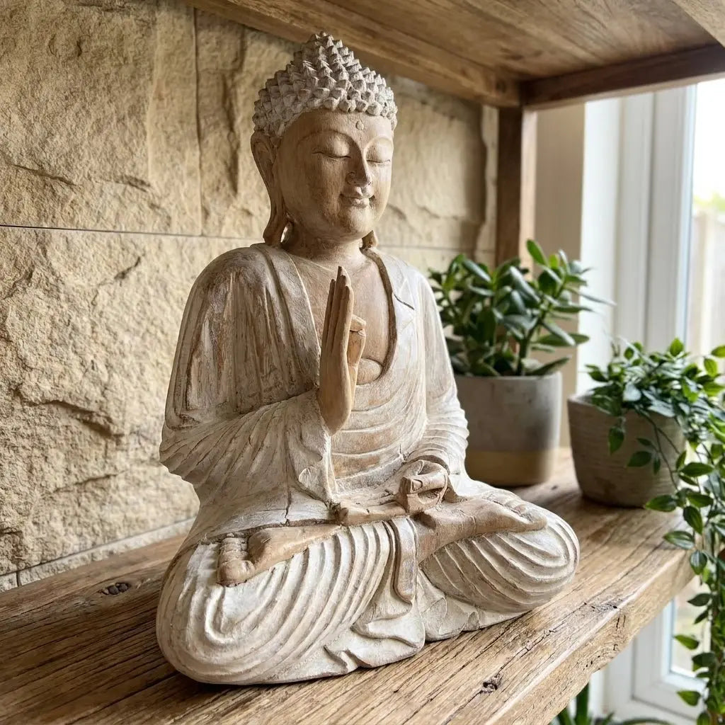 Statue Bouddha Assis 40 cm en Bois de Suar – Vitarka Mudra, Finition Blanchie à la Chaux (Artisanat Bali)