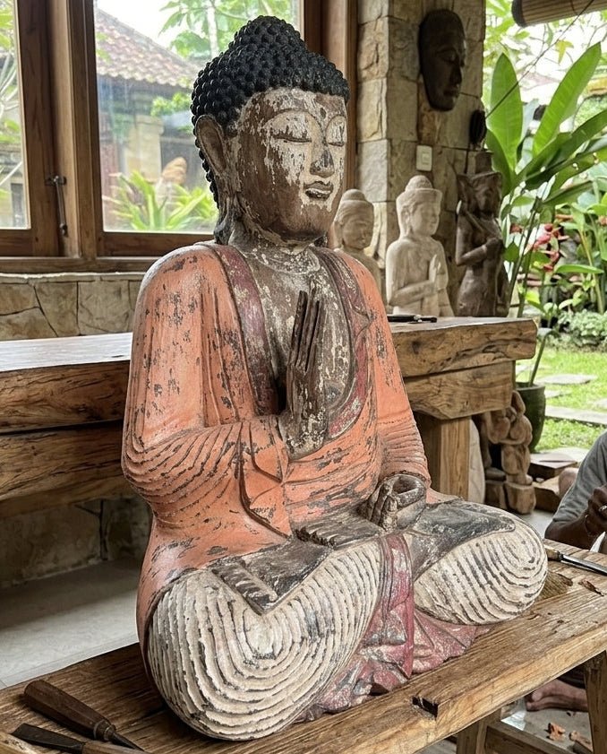 Kézzel faragott vintage narancssárga Buddha-szobor – 60 cm – Tanítás átadása