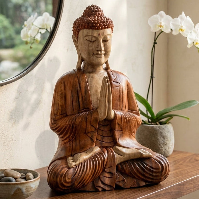 Statue Bouddha Namasté en bois de suar 40 cm – sculpture artisanale