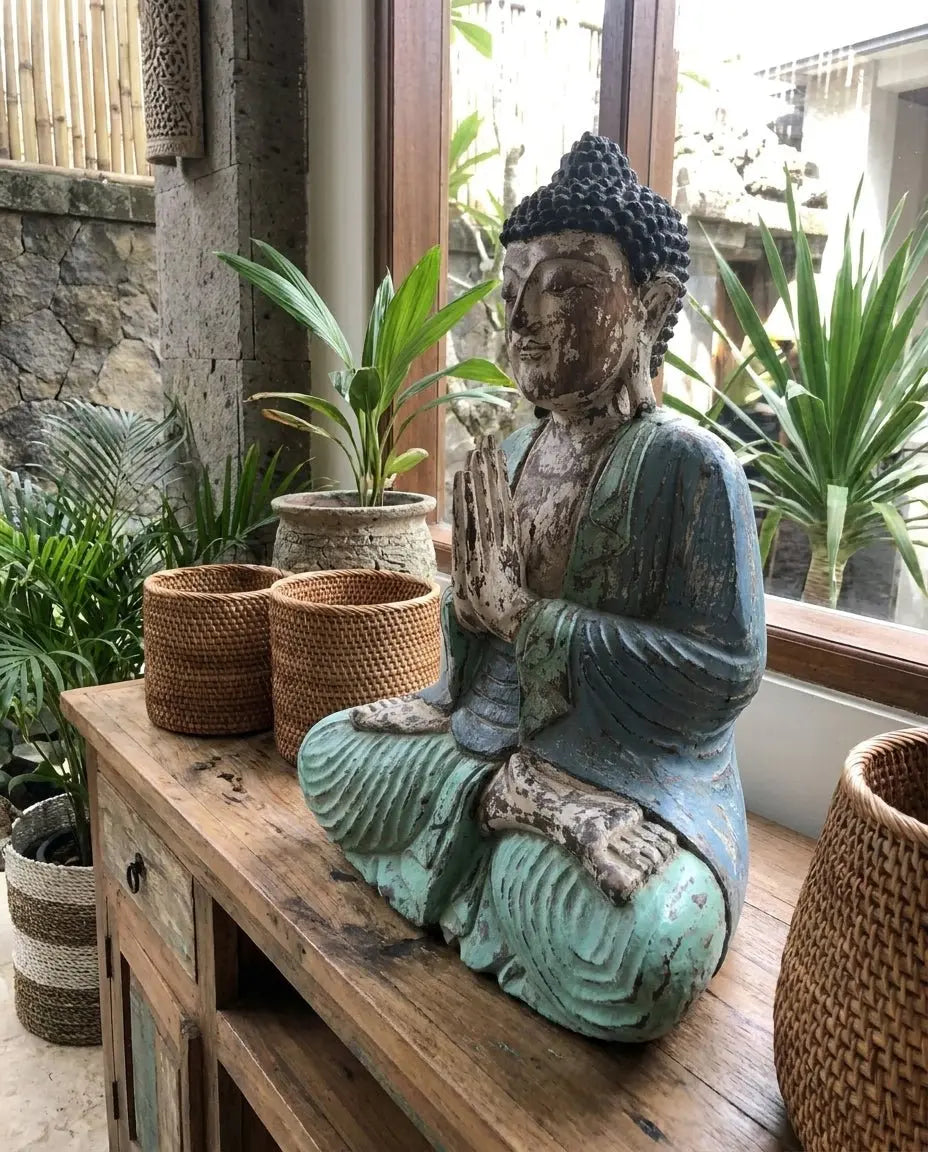 Statue de Bouddha Vintage Bleu Menthe 40 cm – Sculpture Artisanale Bois de Suar (Bali)