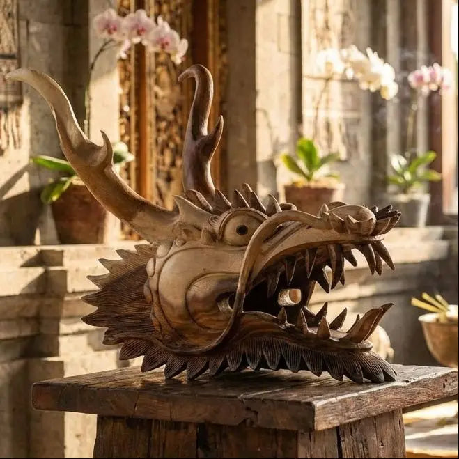 Grande Tête de Dragon Sculptée à la Main en Bois de Suar – Sculpture Artisanale Balinaise 40 cm